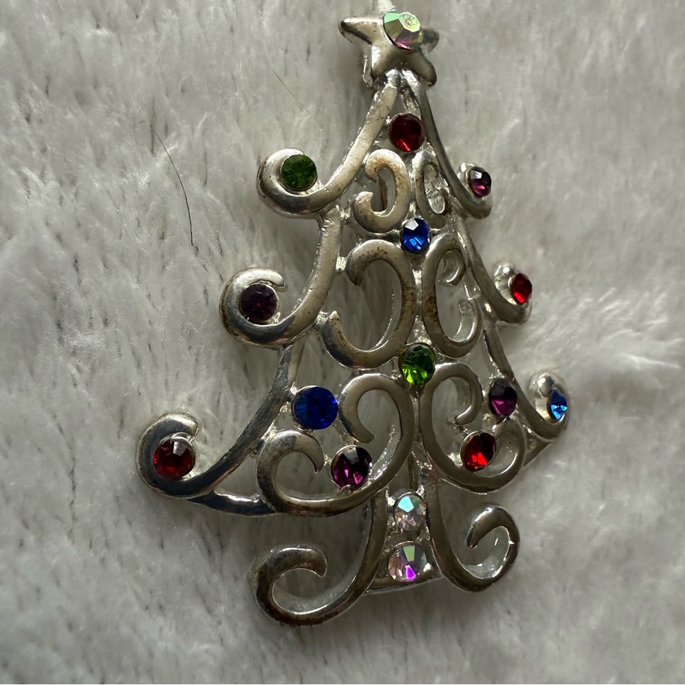 Vintage KC Silver Christmas Tree Brooch with Colorful Gems
